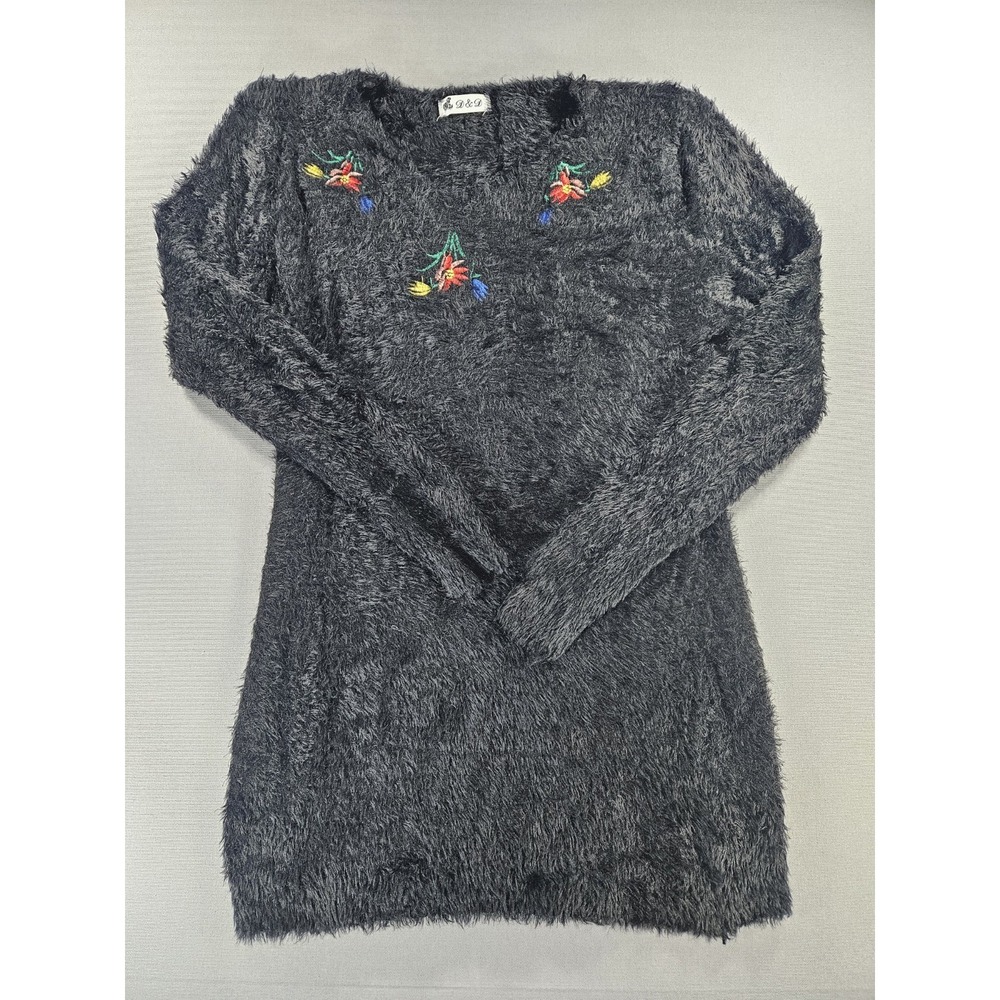 Black Fuzzy Eyelash Knit Sweater Dress Boho Floral Embroidered Tunic Fits L S
